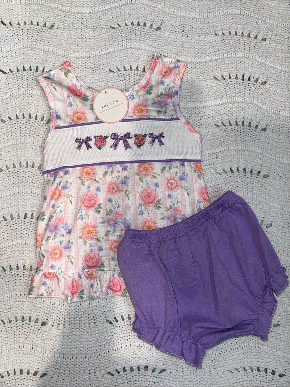 NWT Abby & Evie Girls Floral Bow Dress Set with Lavender Bloom Shorts